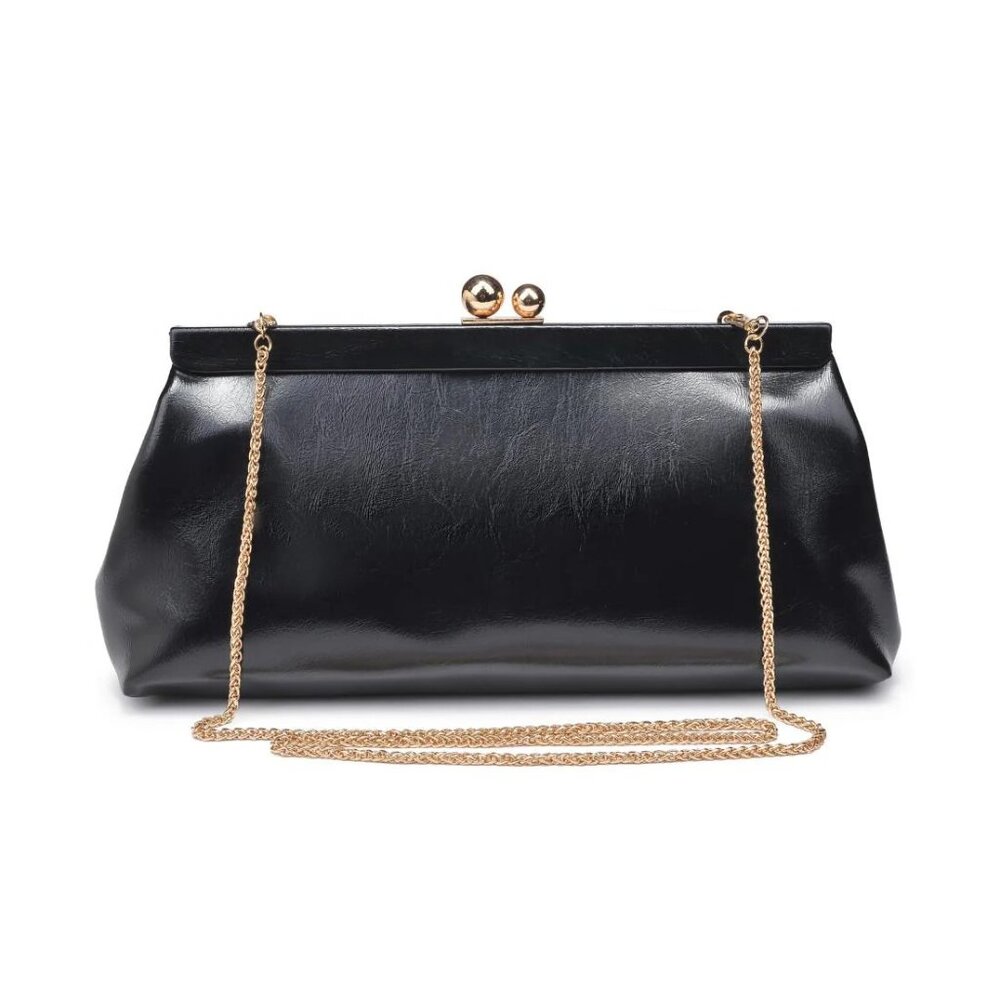Urban Expression Elegant Women's Black Leather Kiss-lock Clasp Joplin Clutch Bag - Picture 3 of 9